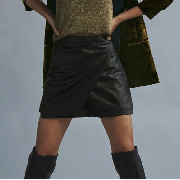Free People Black Leather Mini Skirt Wrap Front - Picture 4 of 5